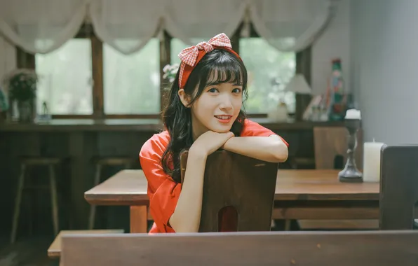 Beautiful, Asian, Model, Smile, Table, Woman, Cute, Pretty
