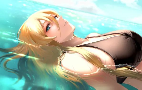 Небо, вода, девушка, Bismarck, Azur Lane