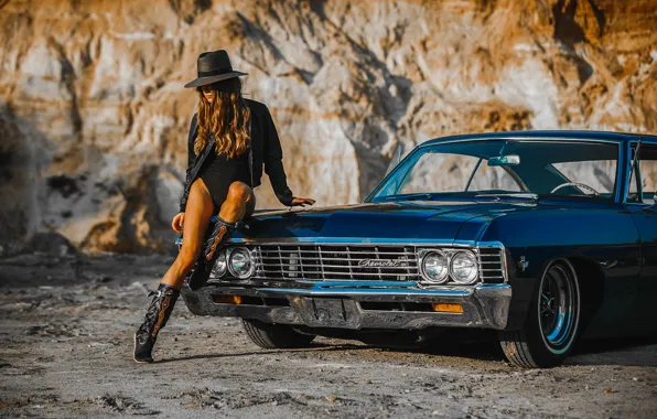 Картинка 1967, sexy babe, Chevrolet Impala, ретро автомобиль, красотка на капоте, Шевроле Импала