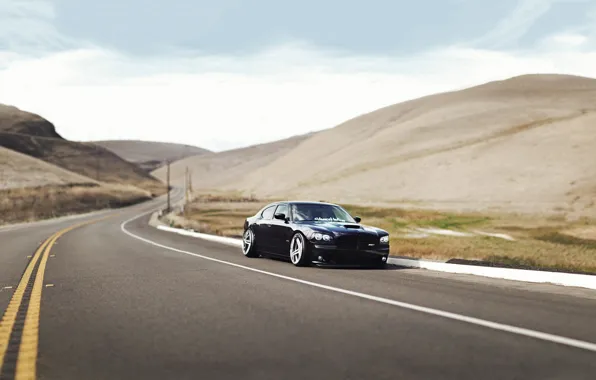 Дорога, Горы, Трава, Dodge, Чёрный, Charger