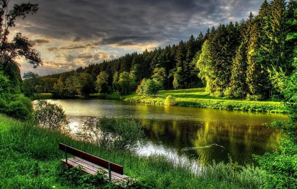 Картинка river, landscape, clouds, bench, Forest