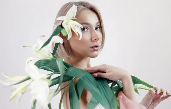 Взгляд, цветы, поза, фон, модель, портрет, руки, макияж