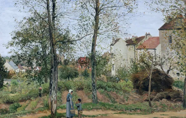 Картинка деревья, люди, дома, картина, Камиль Писсарро, Пейзаж возле Лувесьена
