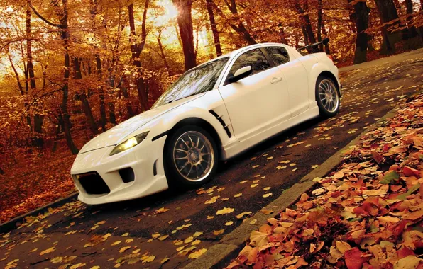 Авто, Дорога, Осень, Деревья, Листья, auto, mazda, rx-8