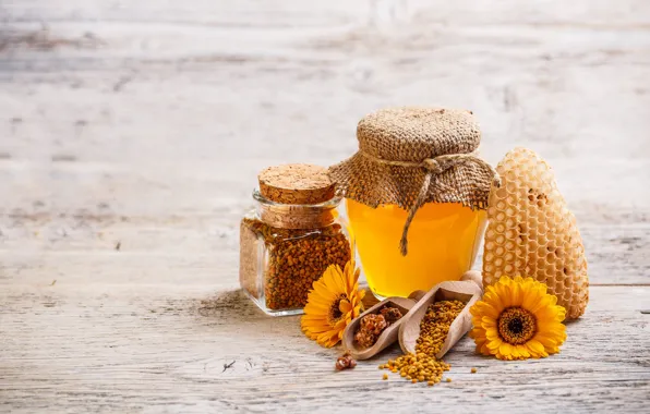 Цветы, соты, банка, мёд, прополис, продукты пчеловодства, совочки