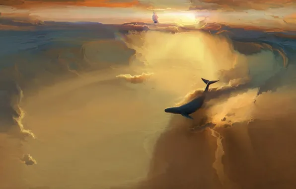 Картинка море, облака, корабль, кит, whales, clouds, skies