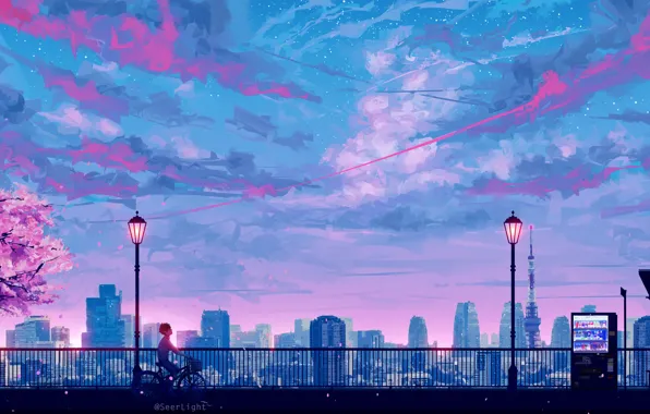 Картинка небоскребы, Токио, фонари, перила, Tokyo, Japan, парень, набережная