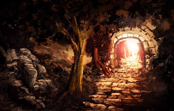 Картинка солнце, свет, деревья, камни, арт, кладка, арка, тоннель