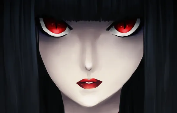 Взгляд, лицо, аниме, красные глаза, черные волосы, вампирша