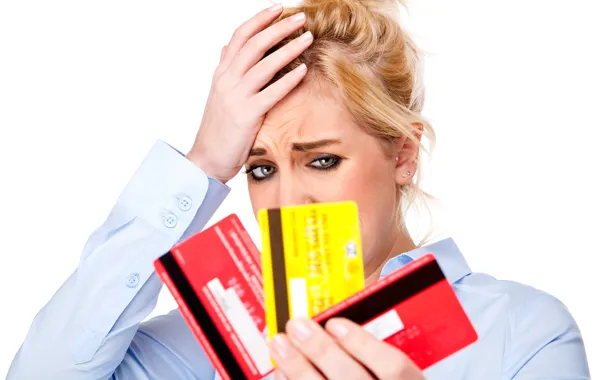 Blonde, financial, crisis, expenses, debit cards, concern