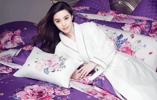 Девушка, кровать, халат, Fan Bingbing