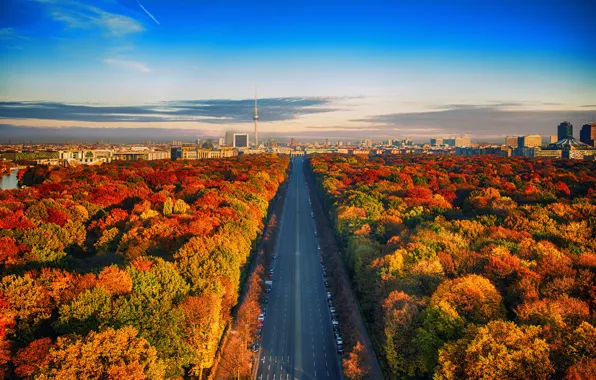 Картинка дорога, осень, небо, облака, Германия, горизонт, Берлин, Fernsehturm