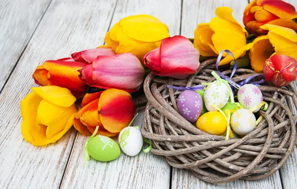 Цветы, яйца, весна, colorful, Пасха, тюльпаны, happy, wood