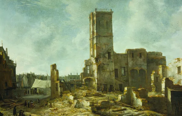 Масло, картина, холст, Ян Авраам Беерстратен, Jan Abrahamsz Beerstraten, 1666, Развалины старой ратуши в Амстердаме …