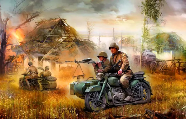 Рисунок, арт, М-72, советский тяжёлый мотоцикл