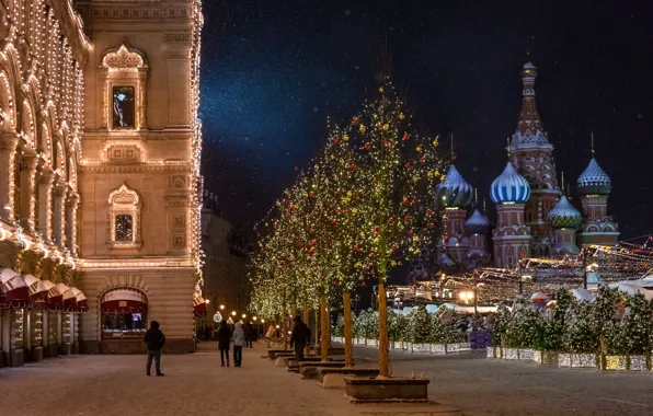 Картинка зима, снег, деревья, город, освещение, фонари, Москва, храм