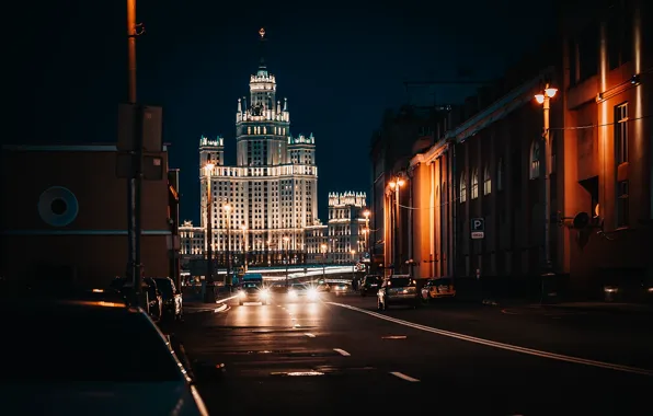 Картинка дорога, город, улица, здания, дома, вечер, освещение, Москва