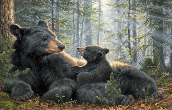 Картина, утро, медведи, forest, живопись, двое, two, morning