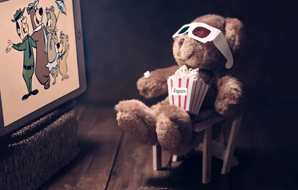 Мультфильм, очки, медвежонок, экран, попкорн, плюшевый мишка