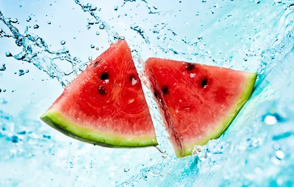 Картинка лето, вода, брызги, арбуз, ломтики, watermelon