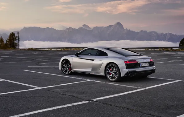 Закат, горы, Audi, вечер, парковка, суперкар, Audi R8, Coupe