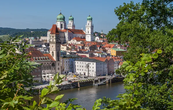 Река, башня, Германия, Бавария, ратуша, Дунай, Пассау, Собор Святого Штефана