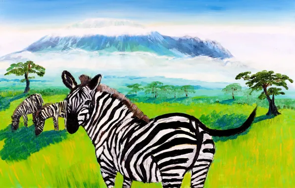 Картинка пейзаж, животное, гора, картина, зебра, Африка, Килиманджаро