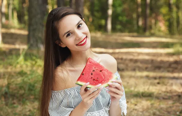 Girl, Brunette, Smile, watermelon, Lips, Forest, Dress, Leona Mia