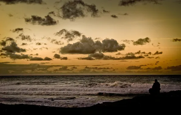 Море, облака, океан, человек, горизонт, прибой, задумчиво