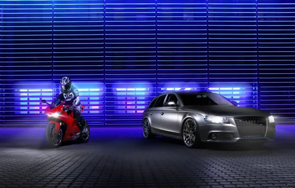 Картинка Audi, red, Ducati, мотоциклист, front, silvery, Avant, спортивный мотоцикл