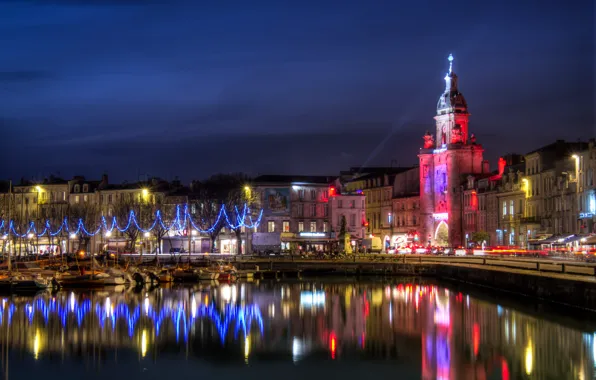 Картинка ночь, город, река, фото, Франция, дома, La Rochelle
