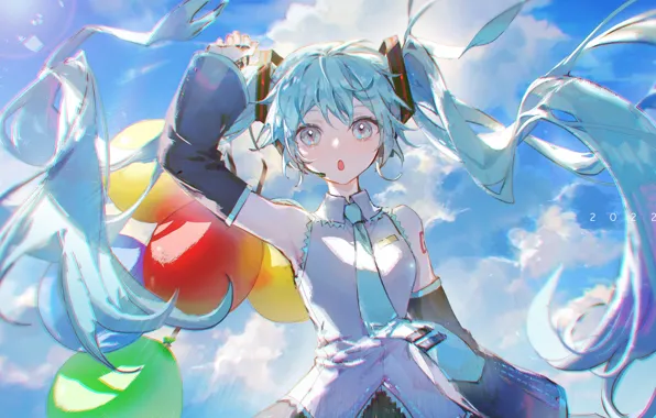 Небо, девушка, Hatsune Miku, Vocaloid, воздушные шарики