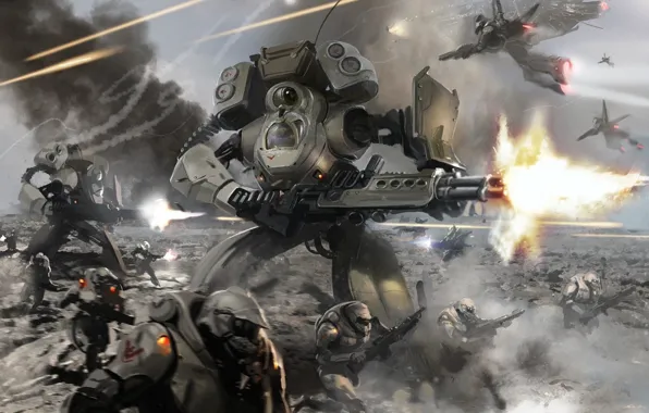 Fire, flame, gun, armor, mecha, weapon, war, fight