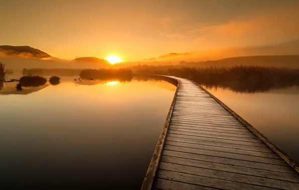 Картинка закат, мост, природа, озеро
