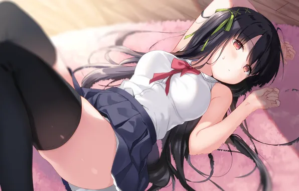 Girl, sexy, school uniform, thighhighs, long hair, boobs, anime, beautiful
