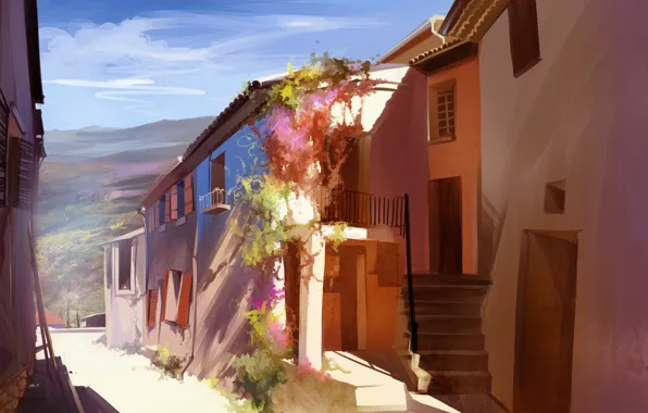 Картинка улица, дома, арт, Португалия, городок, солнечно, Anastasia Bulgakova