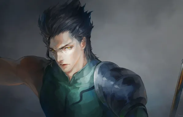 Воин, Lancer, парень, серый фон, art, Janemere, Судьба начало, Fate / Zero