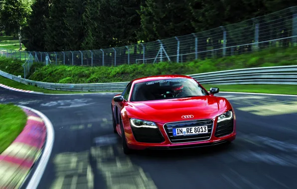 Audi, Красный, Деревья, Скорость, Трасса, Перед, V10, E-Tron