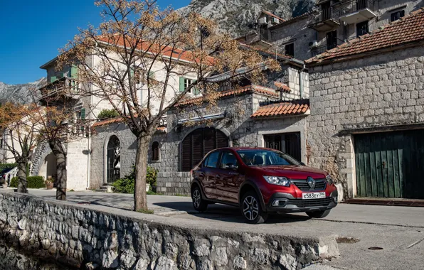 Дорога, авто, здание, Renault, Logan, бордовый, Stepway