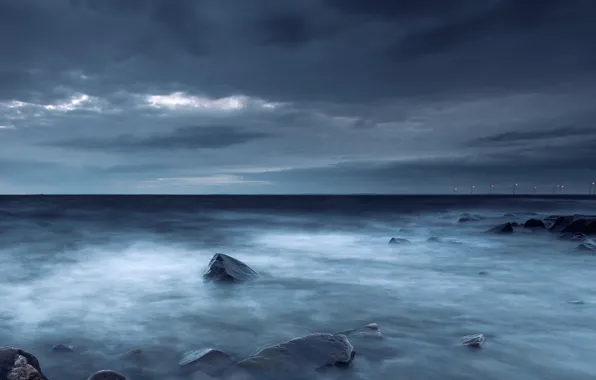 Море, небо, тучи, камни, берег, вечер, Швеция, sky
