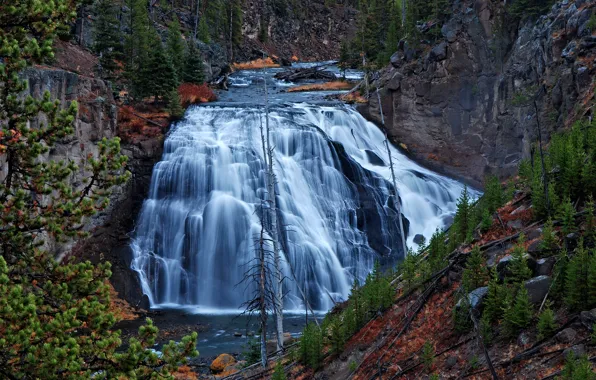 Деревья, река, скалы, водопад, поток, Wyoming, сша, Yellowstone