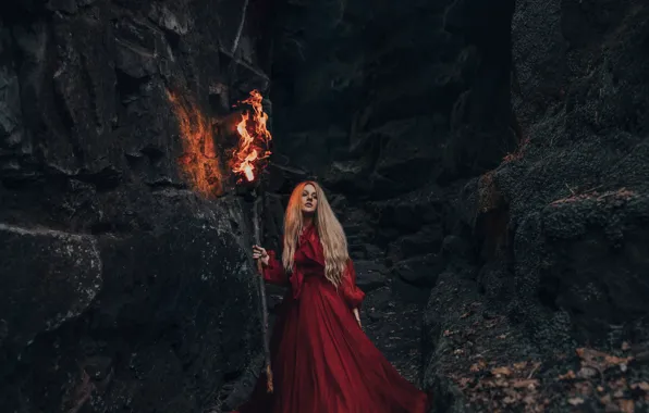Картинка девушка, скалы, факел, красное платье, Adam Bird
