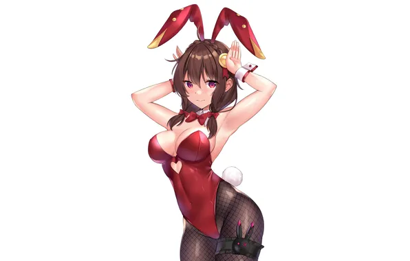 Girl, sexy, cleavage, long hair, brown hair, boobs, animal ears, anime