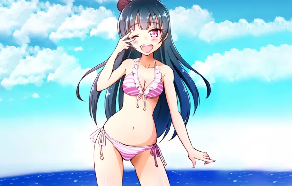 Girl, sexy, cleavage, long hair, sea, boobs, anime, beautiful