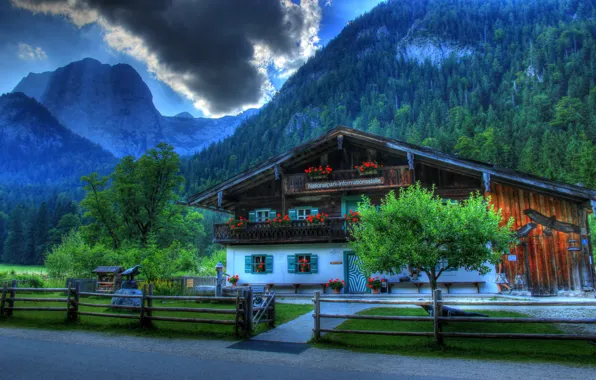Картинка горы, город, дом, фото, забор, HDR, Германия, Бавария