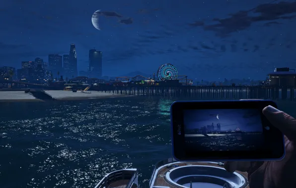 Картинка море, пляж, город, луна, Grand Theft Auto V, Los Santos, Санта Мария