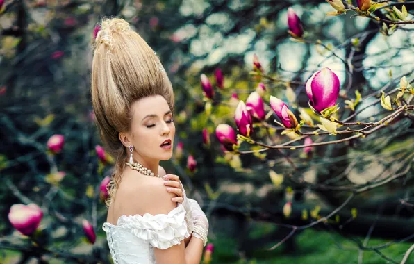 Деревья, цветы, ветки, природа, поза, стиль, модель, руки