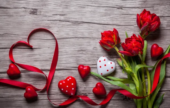 Лента, red, love, бутоны, heart, flowers, romantic, tulips