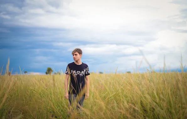 Lost, field, clouds, man, countryside