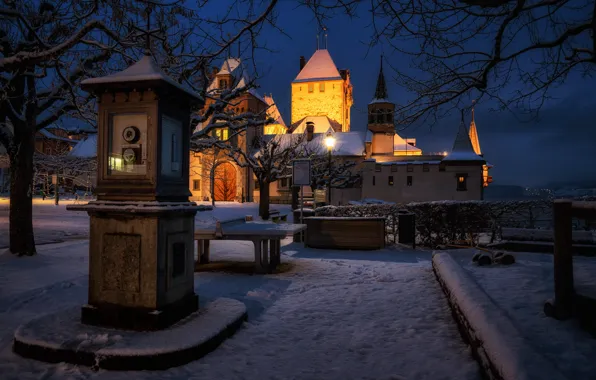 Зима, снег, замок, Швейцария, ночной город, Switzerland, метеостанция, Замок Оберхофен